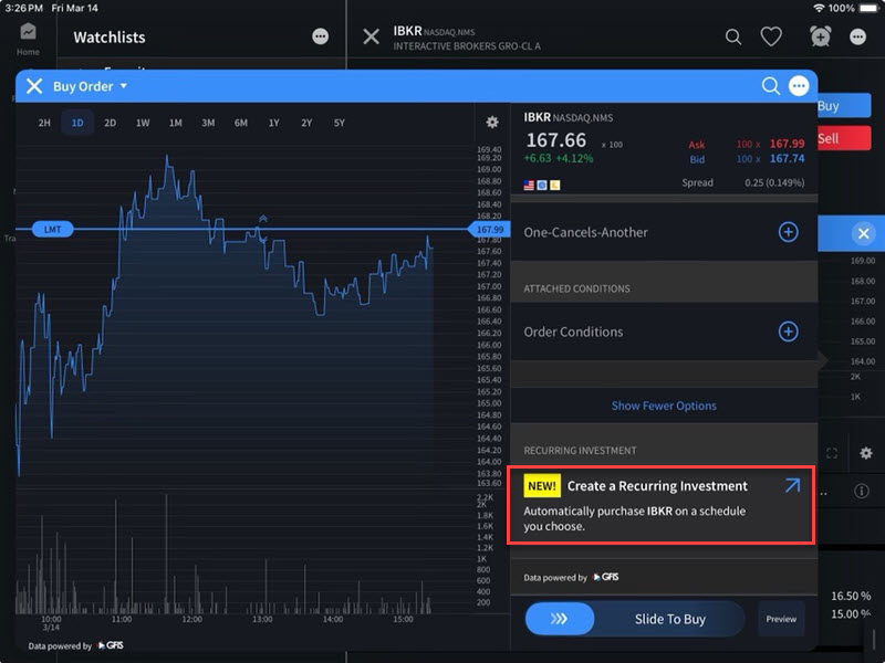 The recurring investment option on the iPad. 